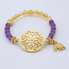 Cargar imagen en el visor de la galería, Pulsera de Amatista y Citrino con Mandala y dije de elefante.
