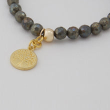 Load image into Gallery viewer, Pyrite bracelet with Zircon and Tree of Life charms.