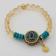 Cargar imagen en el visor de la galería, Pulsera Citrino y Turquesa, dije de Turquesa, Coral, Lapislázuli y colgante de Amor y Paz.