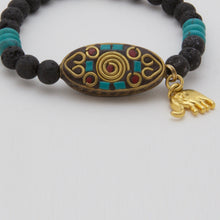 Cargar imagen en el visor de la galería, Pulsera Piedra Volcánica y Turquesa, dije Turquesa, Coral y Elefante.