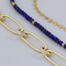 Cargar imagen en el visor de la galería, Collar triple, dos cadenas y Lapislázuli, dijes Olas y Mandala. Aretes a juego incluídos.