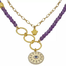 Cargar imagen en el visor de la galería, Collar doble de Amatista y cadena con dijes de Ojo Protector y HAMSA. Aretes a juego incluidos.