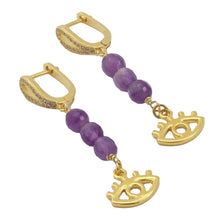 Cargar imagen en el visor de la galería, Collar doble de Amatista y cadena con dijes de Ojo Protector y HAMSA. Aretes a juego incluidos.