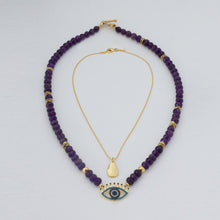 Load image into Gallery viewer, Chain and Amethyst necklace with drop and Protective Eye pendants. Matching earrings included.