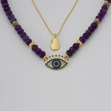 Load image into Gallery viewer, Chain and Amethyst necklace with drop and Protective Eye pendants. Matching earrings included.
