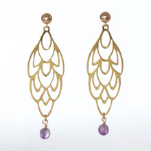 Load image into Gallery viewer, Long leaf earring with medium Amethyst.