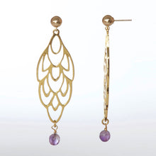 Load image into Gallery viewer, Long leaf earring with medium Amethyst.
