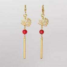 Load image into Gallery viewer, Long hoop earring with Lotus Flower, Coral and bar.