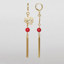 Load image into Gallery viewer, Long hoop earring with Lotus Flower, Coral and bar.
