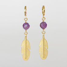Load image into Gallery viewer, Long earring with Feather and Amethyst.