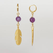 Load image into Gallery viewer, Long earring with Feather and Amethyst.
