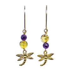 Load image into Gallery viewer, Amber and Amethyst earring with dragonfly charm.