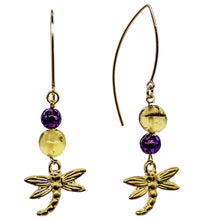 Load image into Gallery viewer, Amber and Amethyst earring with dragonfly charm.