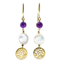 Cargar imagen en el visor de la galería, Arete de Amatista y Perla blanca con dije de Árbol de la Vida.