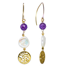 Cargar imagen en el visor de la galería, Arete de Amatista y Perla blanca con dije de Árbol de la Vida.