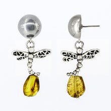 Load image into Gallery viewer, Half ball earring and Dragonfly with Amber.