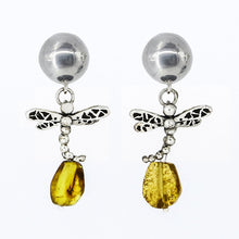 Load image into Gallery viewer, Half ball earring and Dragonfly with Amber.