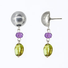 Load image into Gallery viewer, Half ball earring with Amethyst and Peridot.