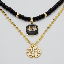Cargar imagen en el visor de la galería, Collar doble de cadena y Ónix con dijes de Árbol de la Vida y Ojo Protector. Aretes a juego incluídos.