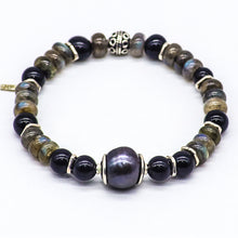 Cargar imagen en el visor de la galería, Pulsera para hombre de Perla gris, Labradorita y Ónix.