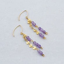 Load image into Gallery viewer, Chain and Amethyst double necklace with curved bar and triangle pendants. Matching earrings included.