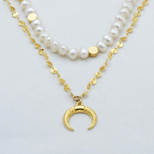 Load image into Gallery viewer, Chain and Pearl double necklace with Moon pendant. Matching earrings included.