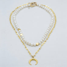 Load image into Gallery viewer, Chain and Pearl double necklace with Moon pendant. Matching earrings included.
