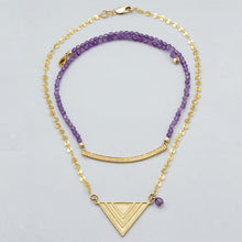 Load image into Gallery viewer, Chain and Amethyst double necklace with curved bar and triangle pendants. Matching earrings included.