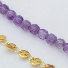 Load image into Gallery viewer, Chain and Amethyst double necklace with curved bar and triangle pendants. Matching earrings included.