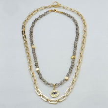 Load image into Gallery viewer, Chain and Smoky Quartz double necklace with Protective Eye pendant. Matching earrings included.