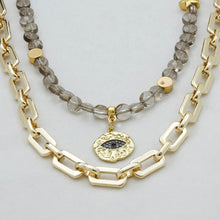 Load image into Gallery viewer, Chain and Smoky Quartz double necklace with Protective Eye pendant. Matching earrings included.