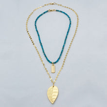 Load image into Gallery viewer, Chain and Apatite double necklace with leaf and NAMASTE pendants. Matching earrings included.