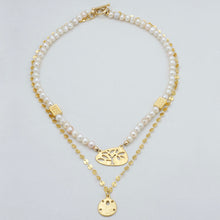 Load image into Gallery viewer, Chain and Pearl double necklace with sand dollar and Tree of Life pendants. Matching earrings included.