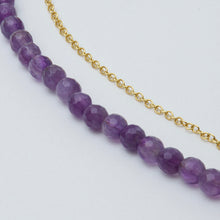 Load image into Gallery viewer, Chain and Amethyst double necklace with NAMASTE and bar pendants. Matching earrings included.
