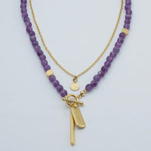 Load image into Gallery viewer, Chain and Amethyst double necklace with NAMASTE and bar pendants. Matching earrings included.