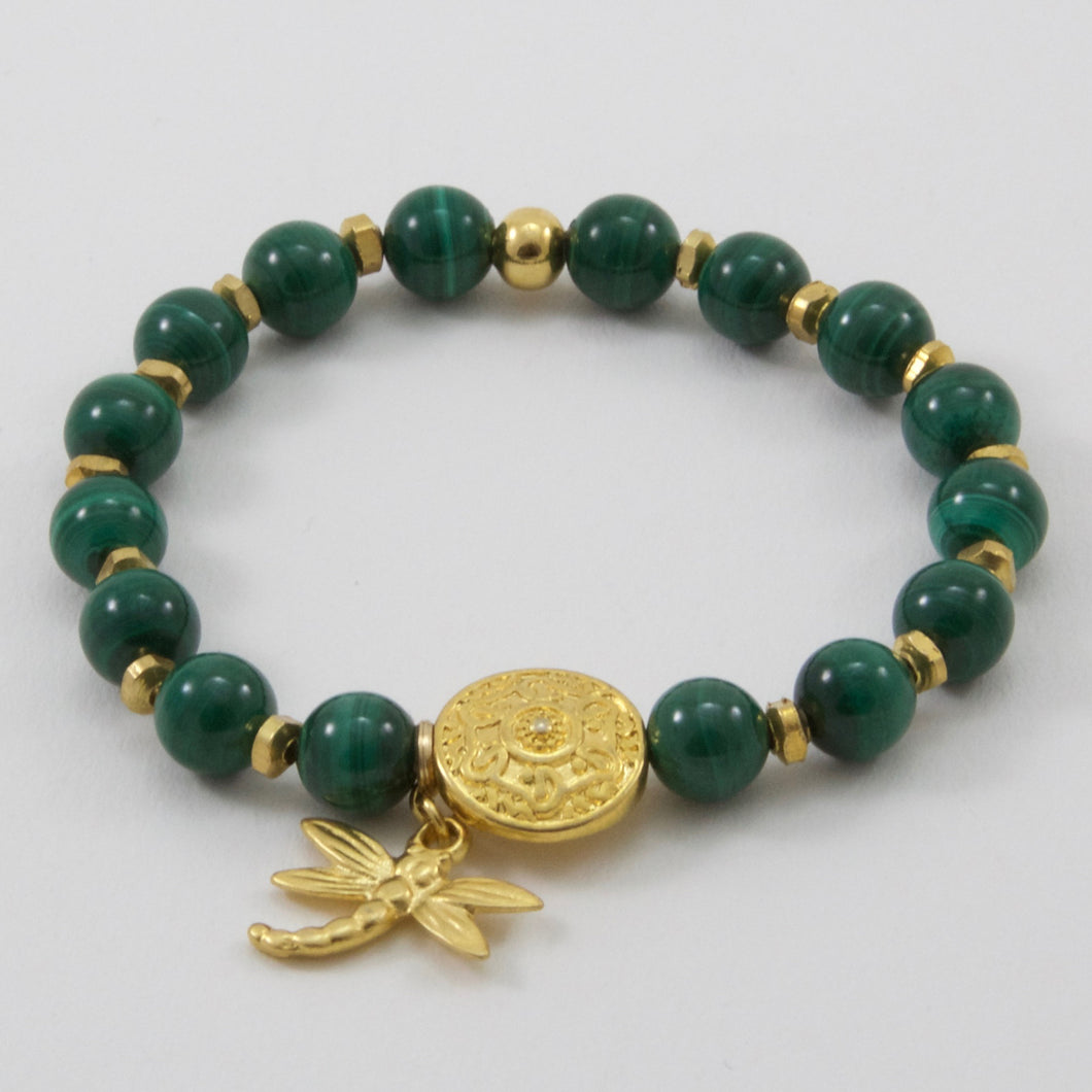 Malachite bracelet with Mandala and dragonfly charms.