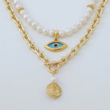 Load image into Gallery viewer, Double necklace with Pearl, chain and Protective Eye and Mandala pendants. Matching earrings included.
