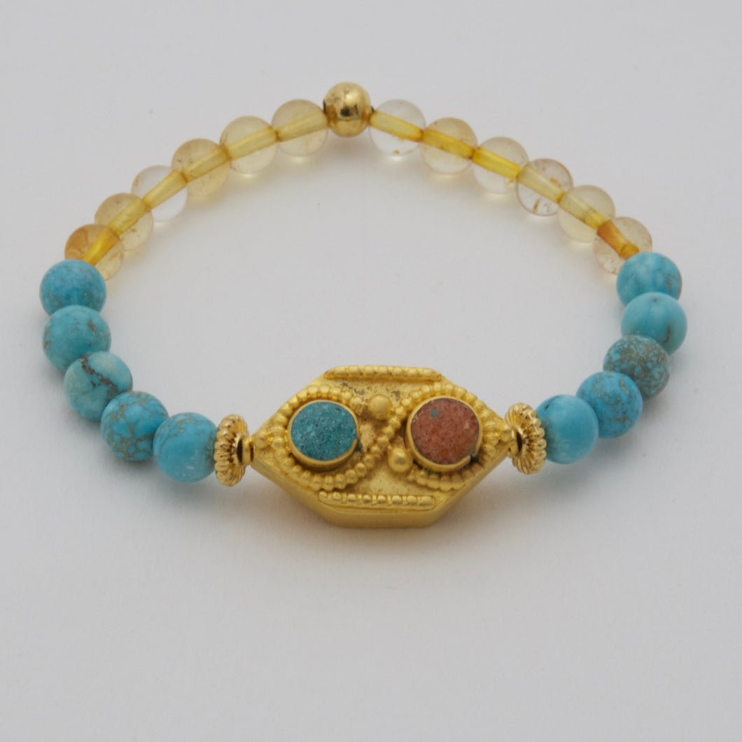 Turquoise and Citrine bracelet with Turquoise and Coral charm.