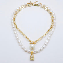 Load image into Gallery viewer, Double necklace with Pearl and chain with lock and Pearl pendants. Matching earrings included.

