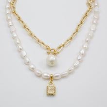 Load image into Gallery viewer, Double necklace with Pearl and chain with lock and Pearl pendants. Matching earrings included.
