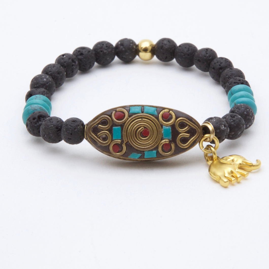 Lava stone and Turquoise bracelet with Turquoise and Coral charm with elephant.