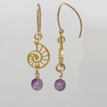 Load image into Gallery viewer, Long Amethyst earring with spiral snail.
