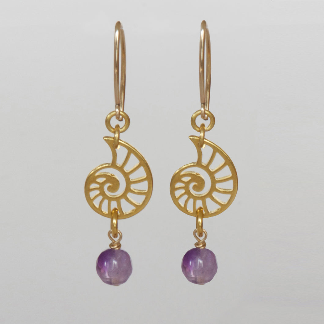 Long Amethyst earring with spiral snail.