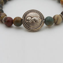Load image into Gallery viewer, Jasper bracelet with antique lion charm.
