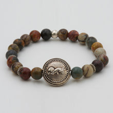 Load image into Gallery viewer, Jasper bracelet with antique lion charm.
