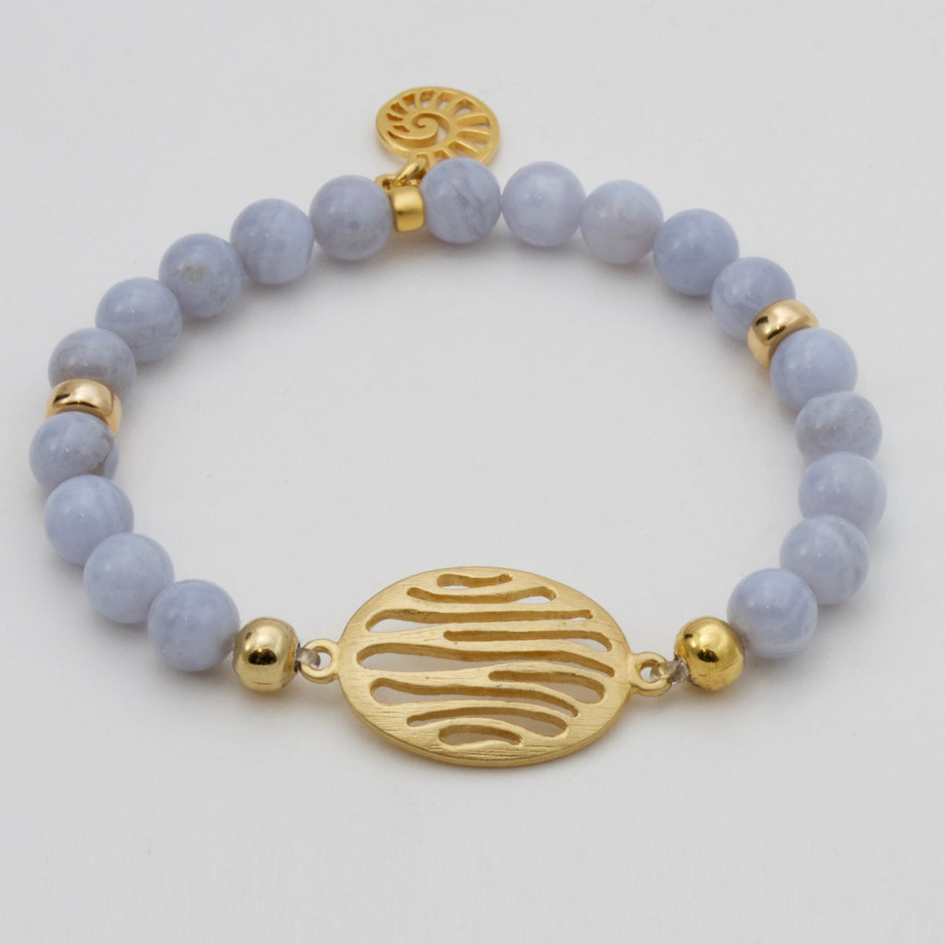 Blue Lace Agate Bracelet with oval zebra charm with spiral snail.