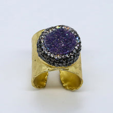 Load image into Gallery viewer, Purple Druzy, Hematite and Zirconia Adjustable ring.

