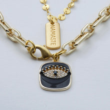 Load image into Gallery viewer, Double chain necklace with Protective Eye and NAMASTE charms. Matching earrings included.
