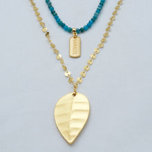 Load image into Gallery viewer, Chain and Apatite double necklace with leaf and NAMASTE pendants. Matching earrings included.
