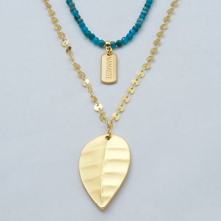 Chain and Apatite double necklace with leaf and NAMASTE pendants. Matching earrings included.